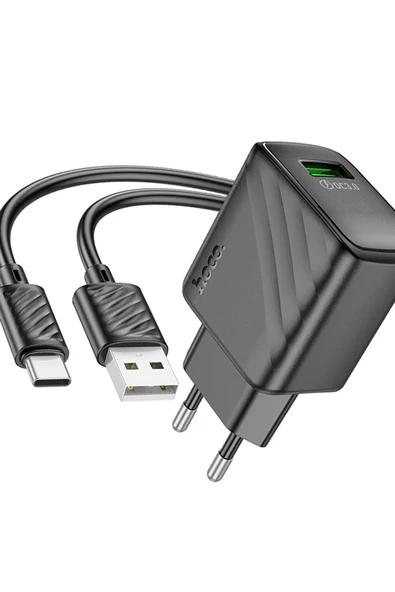 Hoco. CS21A Rich 18W USB 3.0 QC Çıkışlı Ekstra USB to Type-C Kablolu Hızlı Şarj Aleti - Siyah - Resim 2