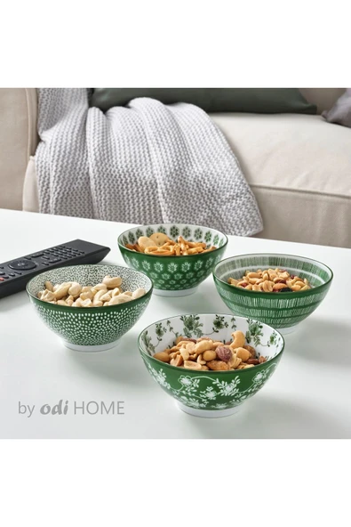 4 Adet Yeşil Desenli Modern Tasarım Çerezlik Porselen Kase 12 cm ürün görseli