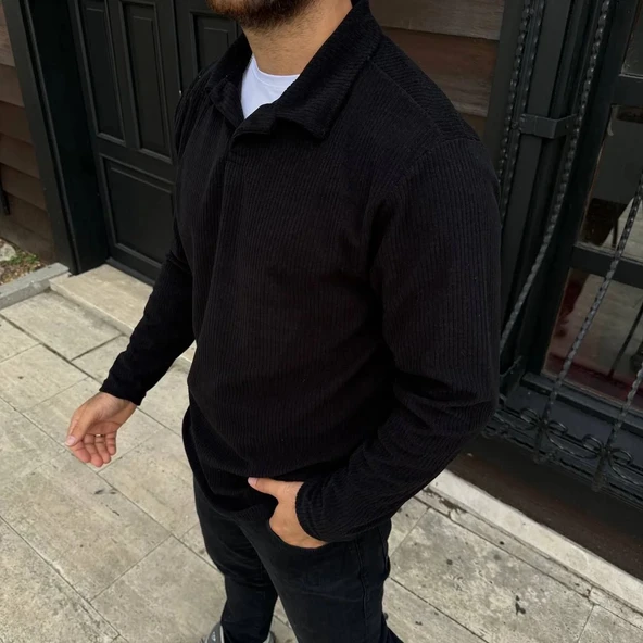 Erkek Fitilli Polar Sweatshirt – Düğmesiz Polo Yaka, Oversize Rahat Kalıp, Kalın Polar Kumaş, Kışlık ve Baharlık Şık Gün - Resim 4