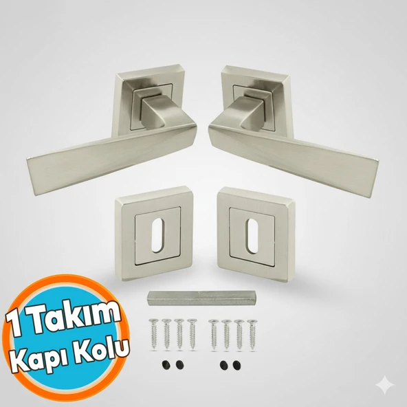 Kare Rozetli Nikel İnox Oda Kapı Kolu (1 TAKIM: 2 Adet Kol + 2 Adet Rozet + Bağlantı Demiri) ürün görseli