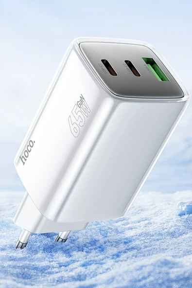 Hoco. N49 Glorious 2 Adet Type-C ve 1 Adet USB Çıkışlı Ekstra Type-C to Type-C Kablolu 65W PD Hızlı Şarj Aleti - Mavi - Resim 3