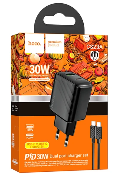 Hoco. CS23A Sunlight 30W 1 Adet Type-C ve 1 Adet USB 3.0 QC Çıkışlı Ekstra Type-C to Type-C Kablolu PD Hızlı Şarj Aleti - Siyah - Resim 12
