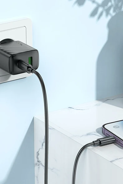 Hoco. CS23A Sunlight 30W 1 Adet Type-C ve 1 Adet USB 3.0 QC Çıkışlı PD Hızlı Şarj Aleti - Siyah - Resim 11