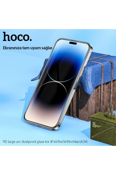 Hoco. iPhone 14 Pro Max 9D Dustproof Cam Ekran Koruyucu - Siyah - Resim 6