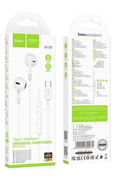 Hoco. M109 Type-C Mikrofonlu Kablolu Kulaklık - Beyaz - 7