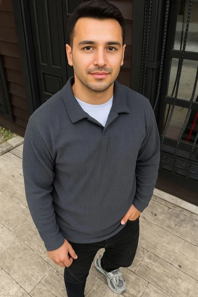 Erkek Fitilli Polar Sweatshirt – Düğmesiz Polo Yaka, Oversize Rahat Kalıp, Kalın Polar Kumaş, Kışlık ve Baharlık Şık Gün ürün görseli 1