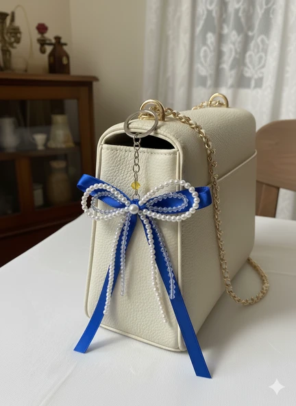 İnci Detaylı Mavi Fiyonk Çanta Süsü / Anahtarlık ürün görseli 1