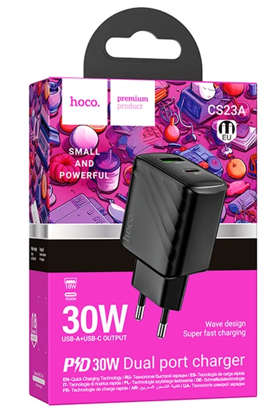Hoco. CS23A Sunlight 30W 1 Adet Type-C ve 1 Adet USB 3.0 QC Çıkışlı PD Hızlı Şarj Aleti - Siyah - Resim 6