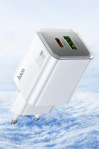 Hoco. N46 Glorious 1 Adet Type-C ve 1 Adet USB Çıkışlı Ekstra Type-C to Type-C Kablolu 20W PD Hızlı Şarj Aleti - Mavi - Resim 8