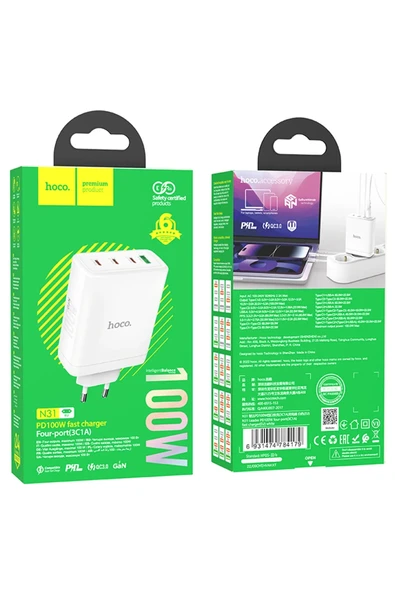 Hoco. N31 Leader PD 100W 3 Adet Type-C 1 Adet USB Şarj Aleti - Beyaz - Resim 7