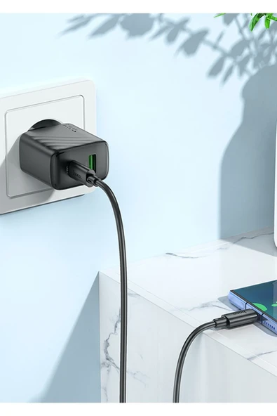 Hoco. CS23A Sunlight 30W 1 Adet Type-C ve 1 Adet USB 3.0 QC Çıkışlı Ekstra Type-C to Type-C Kablolu PD Hızlı Şarj Aleti - Siyah - Resim 10
