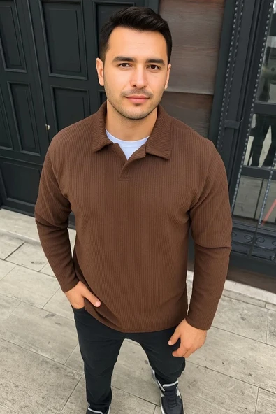 Erkek Fitilli Polar Sweatshirt – Düğmesiz Polo Yaka, Oversize Rahat Kalıp, Kalın Polar Kumaş, Kışlık ve Baharlık Şık Gün ürün görseli 1