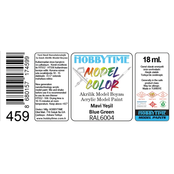 Hobbytime 459 18 ml. RAL6004 Mavi Yeşil (Blue Green) Akrilik Model Boyası - Resim 2