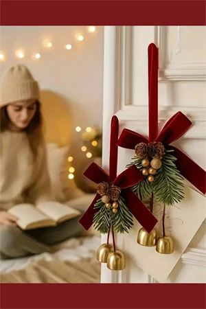 Kırmızı & Altın Noel Kapı Süsü | İkili Çan ve Bordo Kurdele Detaylı Çam Kozalaklı Yılbaşı Kapı Çelengi (1 Adet) - Resim 2