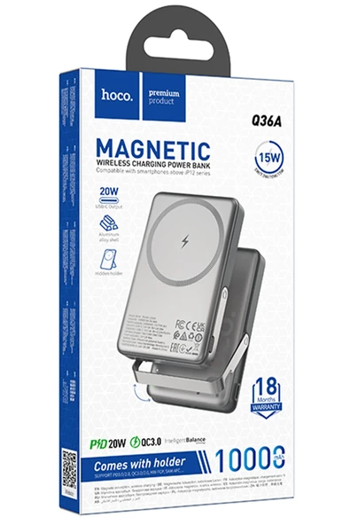Hoco. Q36A Sunlight 10.000 mAh 20W Type-C ve 10W Kablosuz Şarj PD Magsafe Standlı Powerbank - Titan Gri - Resim 6
