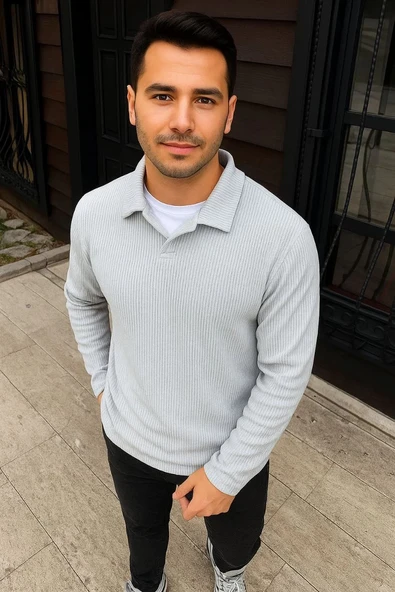 Erkek Fitilli Polar Sweatshirt – Düğmesiz Polo Yaka, Oversize Rahat Kalıp, Kalın Polar Kumaş, Kışlık ve Baharlık Şık Gün ürün görseli 1