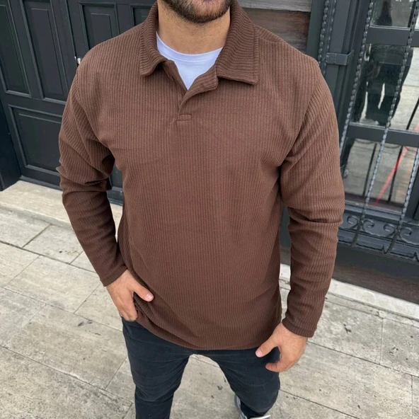 Erkek Fitilli Polar Sweatshirt – Düğmesiz Polo Yaka, Oversize Rahat Kalıp, Kalın Polar Kumaş, Kışlık ve Baharlık Şık Gün - Resim 2