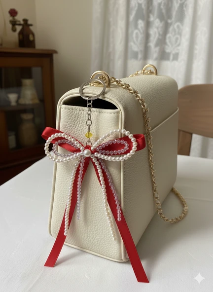 İnci Detaylı Kırmızı Fiyonk Çanta Süsü / Anahtarlık ürün görseli 1