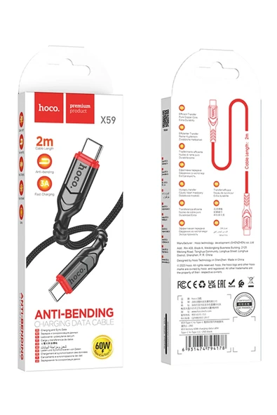 Hoco. X59 Victory 2M 60W Type-C to Type-C PD Hızlı Şarj Data Kablosu - Siyah - Resim 10
