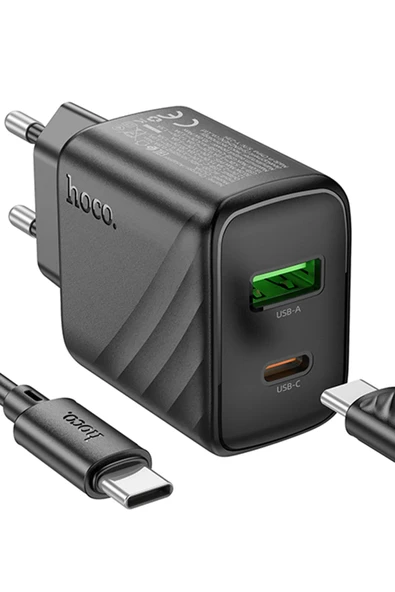 Hoco. CS23A Sunlight 30W 1 Adet Type-C ve 1 Adet USB 3.0 QC Çıkışlı Ekstra Type-C to Type-C Kablolu PD Hızlı Şarj Aleti - Siyah - Resim 2