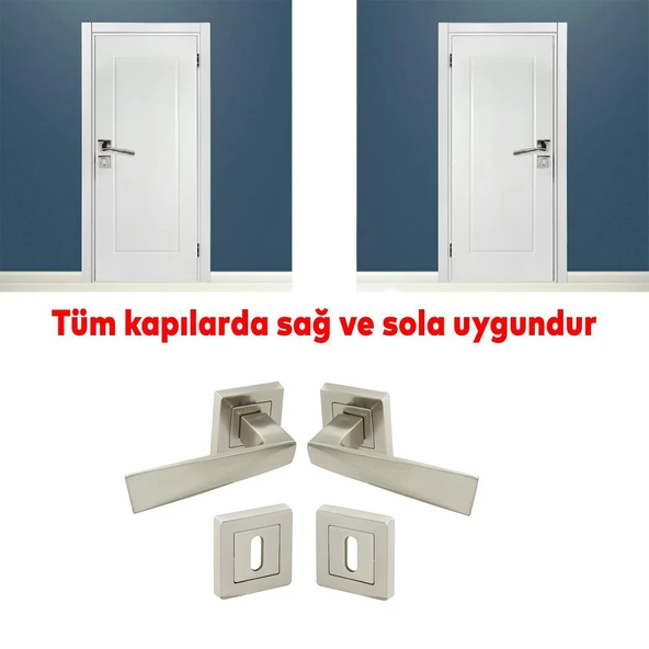 Kare Rozetli Nikel İnox Oda Kapı Kolu (1 TAKIM: 2 Adet Kol + 2 Adet Rozet + Bağlantı Demiri) - Resim 3