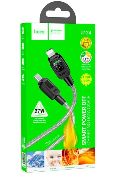 Hoco. U124 Stone 1.2M 27W Type-C to Lightning Otomatik Şarj Kesme Özellikli PD Hızlı Şarj Kablosu - Siyah - Resim 6