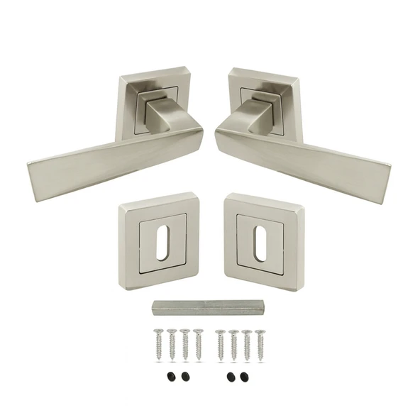 Kare Rozetli Nikel İnox Oda Kapı Kolu (1 TAKIM: 2 Adet Kol + 2 Adet Rozet + Bağlantı Demiri) - Resim 6