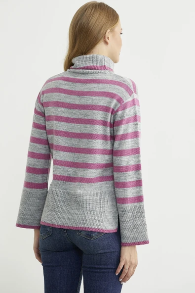 Yünlü Tam Balıkçı Çizgili Triko Kazak - Gri - Resim 5