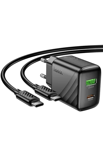 Hoco. CS25A Rico 20W 1 Adet Type-C ve 1 Adet USB 3.0 QC Çıkışlı Ekstra Type-C to Type-C Kablolu PD Hızlı Şarj Aleti - Siyah - Resim 3