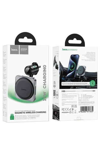 Hoco. HW15 Izgara Klipsli 15W Kablosuz Şarjlı Manyetik Magsafe Araç Tutucu - Siyah - Resim 10