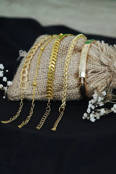 Kombin Bileklik Altın Kaplama Lüks Trend 5 Adet ürün görseli 1