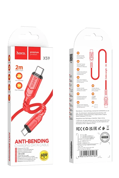 Hoco. X59 1M 60W PD Type-C to Type-C Şarj Data Kablosu - Kırmızı - Resim 4