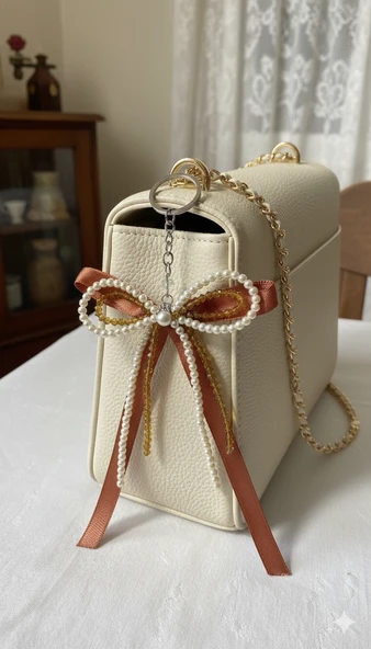 İnci Detaylı Kahverengi  Fiyonk Çanta Süsü / Anahtarlık ürün görseli