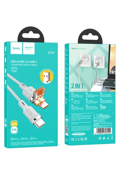 Hoco. U131 1.2M 2in1 USB ve Type-C to Type-C Şarj Data Kablosu - Gri - Resim 3