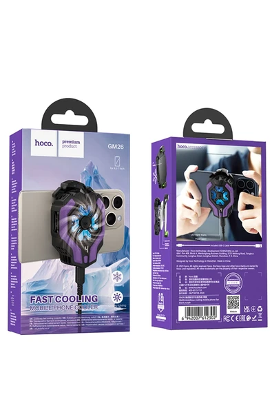 Hoco. GM26 Dijital Sıcaklık Göstergeli Radyatör Telefon Soğutucu Fan - Siyah-Mor - Resim 2