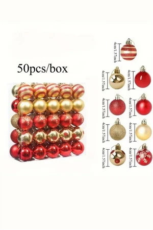 50 Adet 40mm Kırmızı Altın Beyaz Noel Ağacı Süs Topları Seti | 9 Farklı Desen & Hafif Dayanıklı Yılbaşı Dekoru - Resim 8