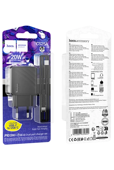 Hoco. CS25A Rico 20W 1 Adet Type-C ve 1 Adet USB 3.0 QC Çıkışlı Ekstra Type-C to Type-C Kablolu PD Hızlı Şarj Aleti - Siyah - Resim 12