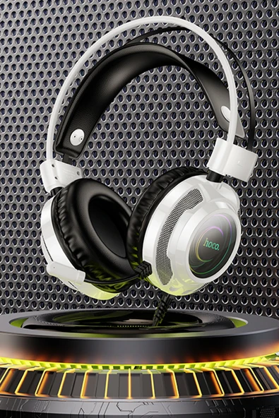 Hoco. W110 RGB Aydınlatmalı 2M Kablolu Kafaüstü Gaming Kulaklık - Beyaz - Resim 6