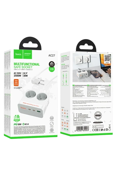 Hoco. AC27 Descanso 5in1 2M 2500W Priz Dönüştürücü - Siyah - Resim 8