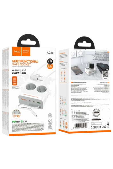 Hoco. AC28 Descanso 6in1 2M 2500W Priz Dönüştürücü - Beyaz - Resim 5