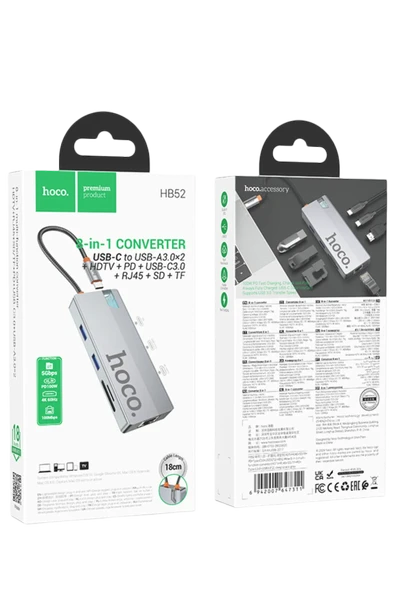 Hoco. HB52 Wow 8in1 100W PD 100 Mbps Ethernet 4K Hub Dönüştürücü - Gri - Resim 7
