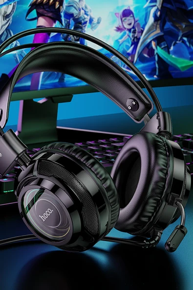 Hoco. W110 RGB Aydınlatmalı 2M Kablolu Kafaüstü Gaming Kulaklık - Beyaz - Resim 7