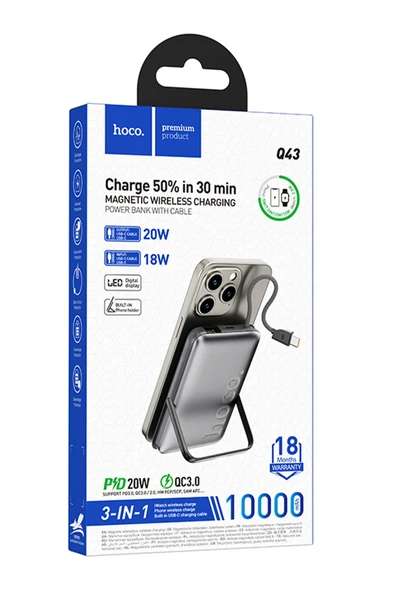 Hoco. Q43 Clever 3in1 10.000 mAh PD 20W Standlı Magsafe Powerbank - Gri - Resim 6