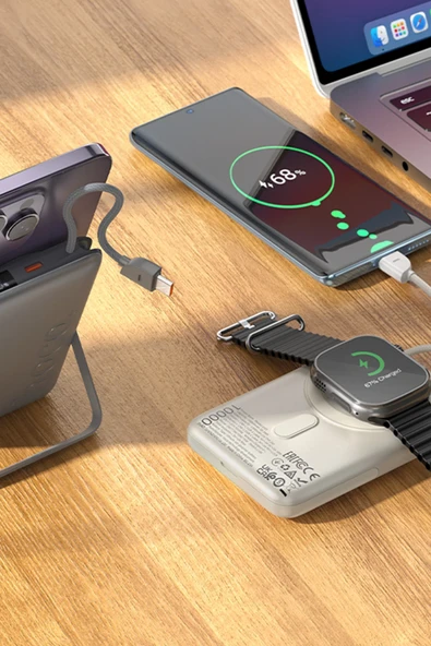 Hoco. Q43 Clever 3in1 10.000 mAh PD 20W Standlı Magsafe Powerbank - Gri - Resim 5