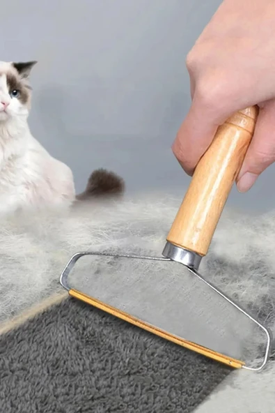 Ahşap Saplı Metal Kazak - Elbise - Halı Tüyü Temizleme Çift Taraflı Tüy Tiftik Toparlayıcı - 3