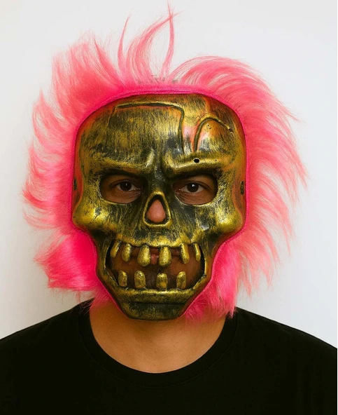 Wild Skull - Bakır Kafatası Pembe Saçlı İskelet Maske ürün görseli