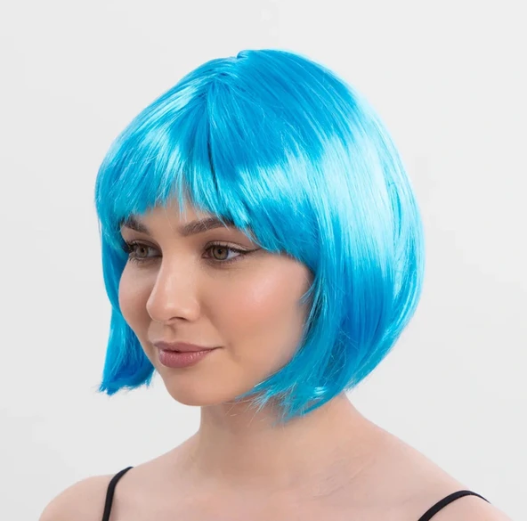 Turkuaz Açık Mavi Renk Düz Kesim Kısa Küt Parti Peruğu - Resim 4
