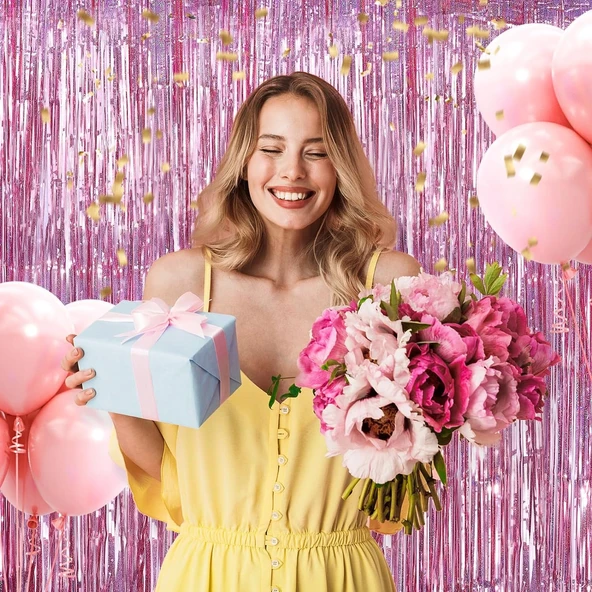 Rose Gold Renk Ekstra Metalize Parlak Saçaklı Arka Fon Perde İthal A Kalite 1x2 Metre - Resim 3