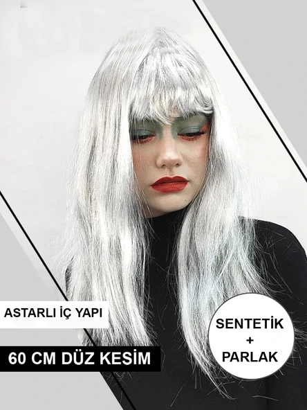 Platin Gri Gümüş Renk Uzun Parti Peruğu Uzun Takma Peruk ürün görseli 1