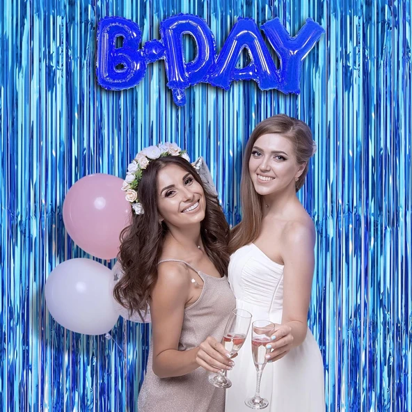 Mavi Renk Ekstra Metalize Parlak Saçaklı Arka Fon Perde İthal A Kalite 1x2 Metre - Resim 2